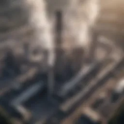 Aerial view of a concrete factory emitting carbon emissions