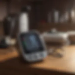 A sophisticated digital blood pressure monitor on a wooden table