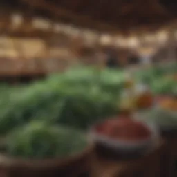 Traditional herbal remedies displayed in a vibrant market