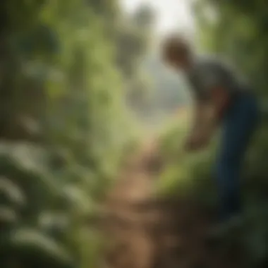 A farmer examining genetically modified crops in a lush agricultural setting