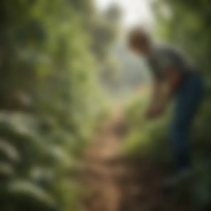 A farmer examining genetically modified crops in a lush agricultural setting