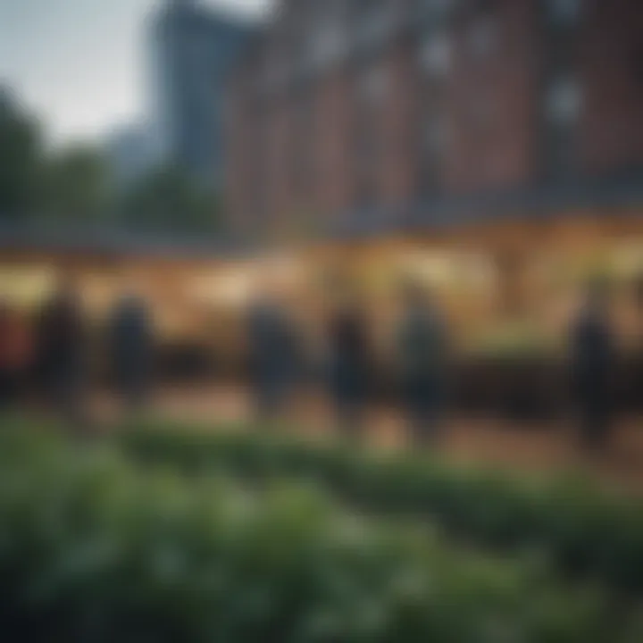 A community gathering around an urban farm, showcasing collaboration
