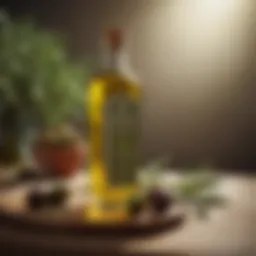 A bottle of high-quality olive oil surrounded by fresh olives and herbs
