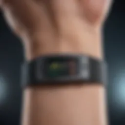 A close-up of a wireless blood oxygen sensor in use on a wrist.