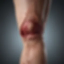 Detailed view of a leg ulcer, showcasing its characteristics and surrounding skin condition.