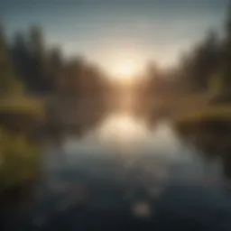 A tranquil lake reflecting the sky, symbolizing global water resources.