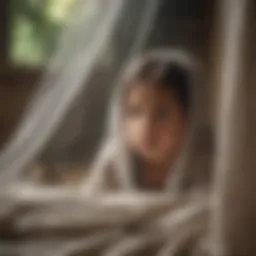 A child resting under a well-fitted mosquito net in a rural setting