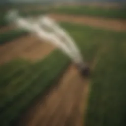 Aerial view of a vibrant agricultural landscape illustrating chemical pesticide application