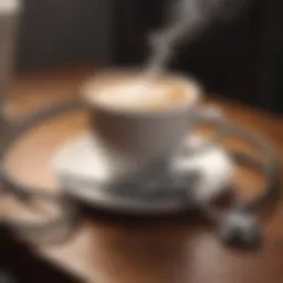 A close-up of a steaming coffee cup on a wooden table with a stethoscope nearby.