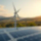 Solar panels integrated with a wind turbine in a scenic landscape