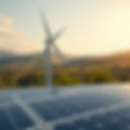 Solar panels integrated with a wind turbine in a scenic landscape