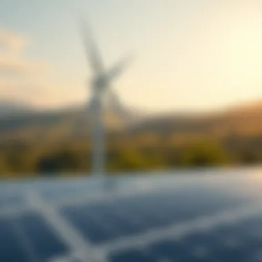 Innovative Fusion of Solar and Wind Energy Solar panels integrated with a wind turbine in a scenic landscape