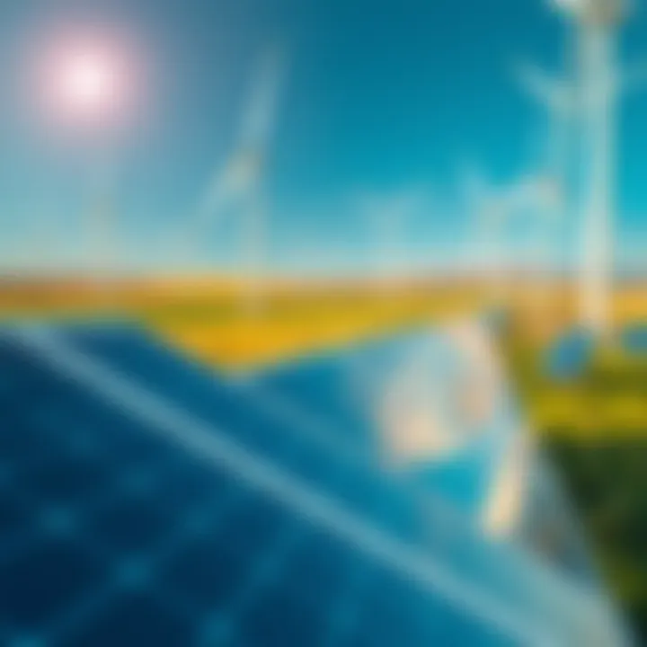 A vibrant wind farm featuring solar panels alongside turbines